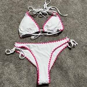 White Hot Pink Women's Bikini Set Shell Trim Halter Neck